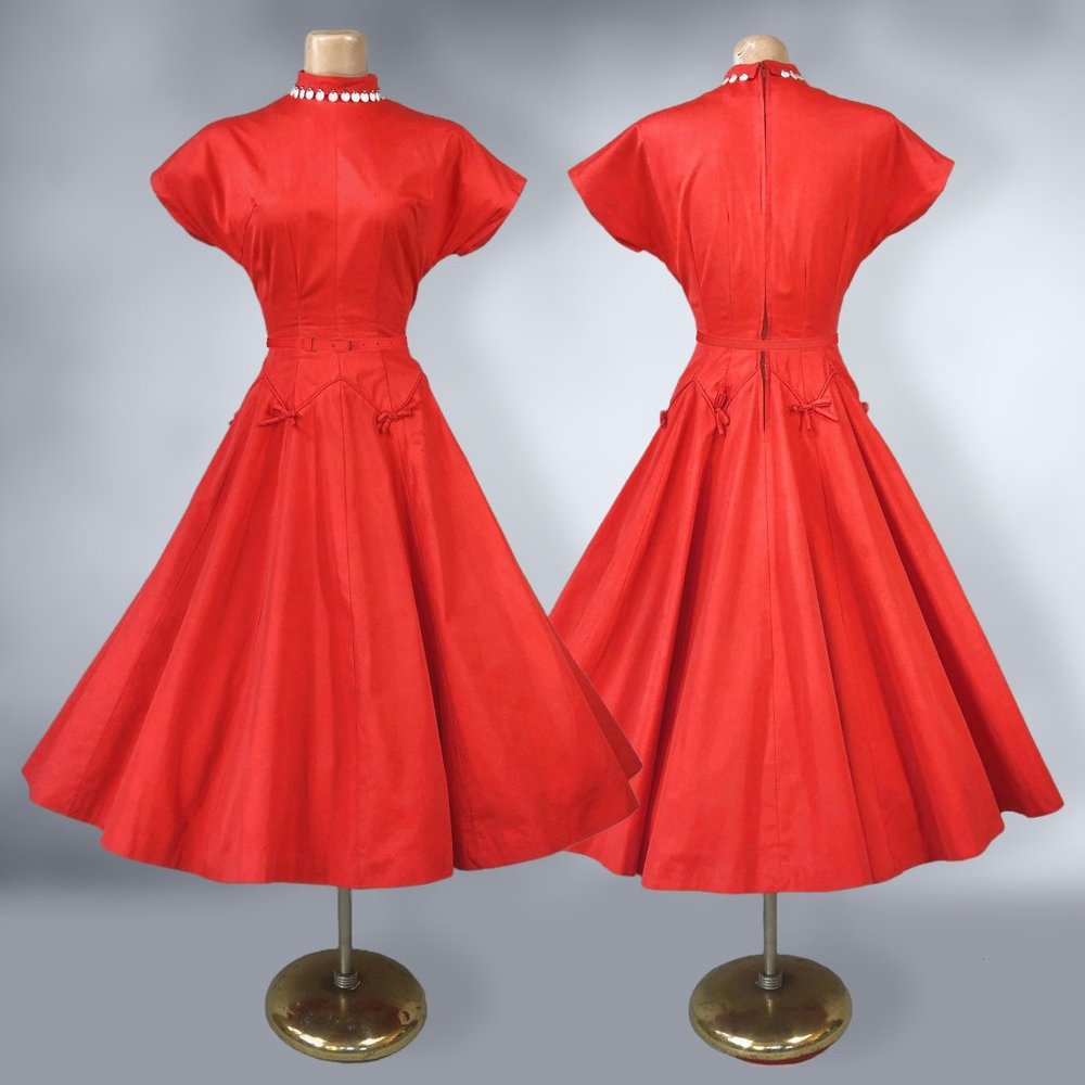 VINTAGE 50s Vibrant Red Full Sweep New Look Party Dress with Mother of Pearl VFG